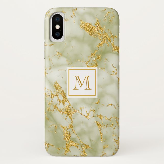 Elegant Green Marble Monogram Faux Gold Glitter Case-Mate iPhone Case (Back)