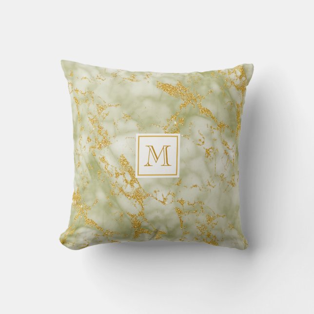 Elegant Green Marble Monogram Faux Gold Glitter Cushion (Front)