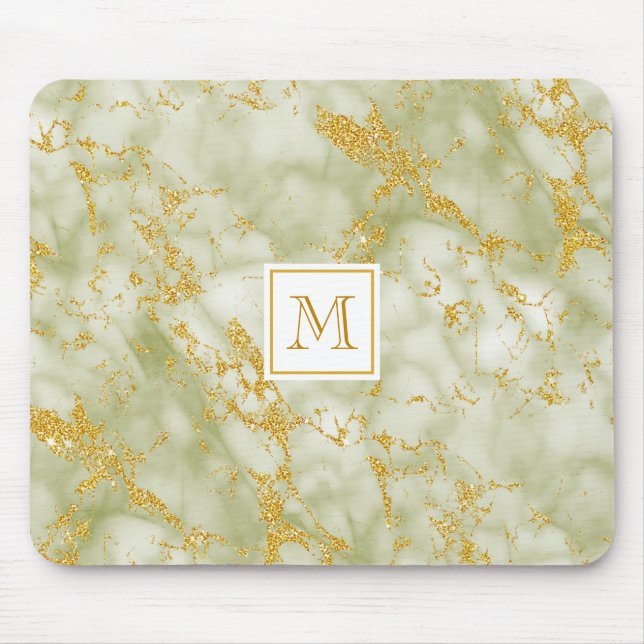 Elegant Green Marble Monogram Faux Gold Glitter Mouse Pad (Front)