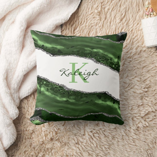 Elegant Green Marble Silver Glitter Monogram Cushion (Blanket)