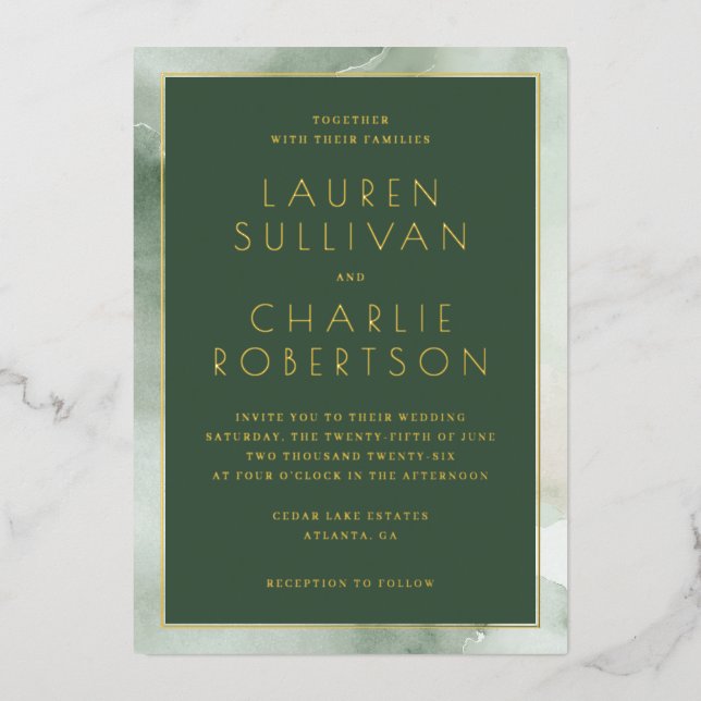 Elegant Green Marble Wedding Invitation (Front)