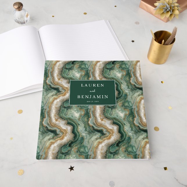 Elegant Green Marbled Waves Guest Book (Front Open)