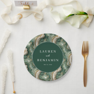 Elegant Green Marbled Waves Paper Plate