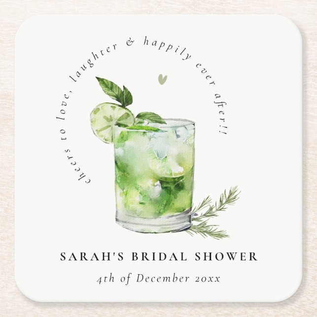 Elegant Green Margarita Cocktail Bridal Shower Square Paper Coaster (Front)