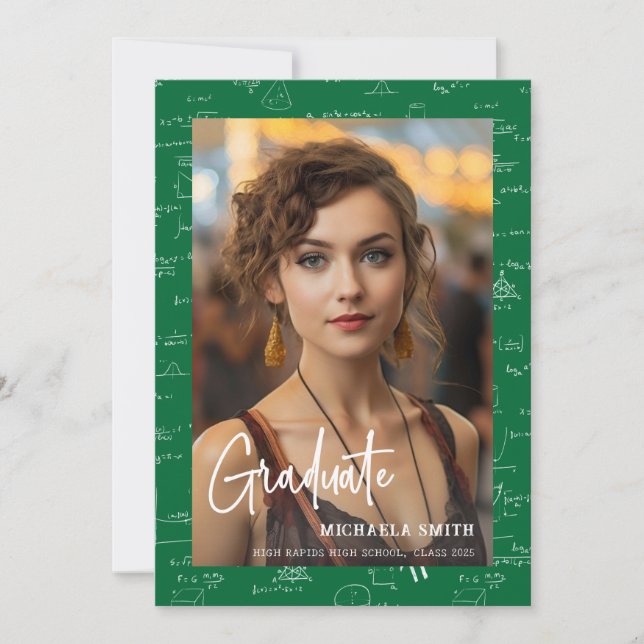 Elegant Green Math Script Photo Graduation  Announcement (Front)