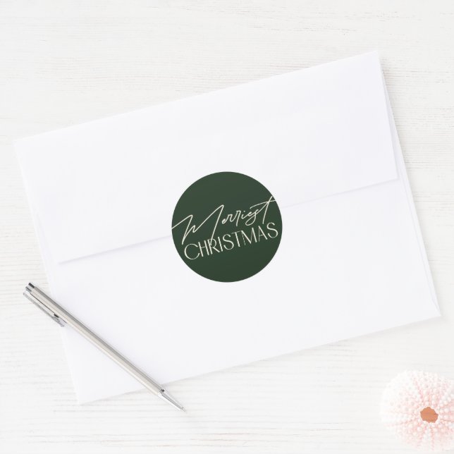 Elegant Green Merriest Christmas Cream Holiday Classic Round Sticker (Envelope)