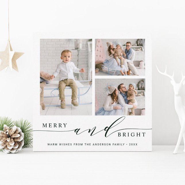 Elegant Green Merry & Bright 3 Photo Square Holiday Card (Creator Uploaded)