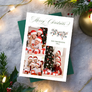 Elegant Green Merry Christmas Family Photo Collage Holiday Card