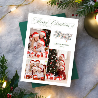 Elegant Green Merry Christmas Family Photo Collage Holiday Card
