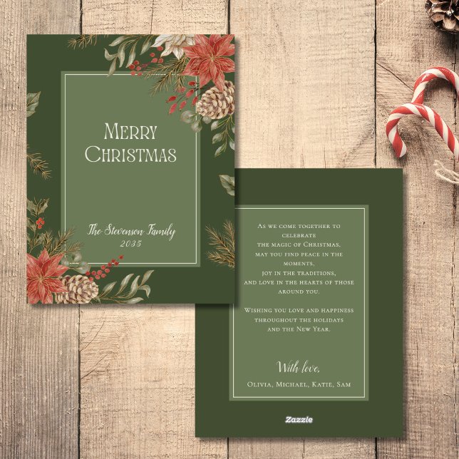 Elegant Green Merry Christmas Poinsettia Holiday Card (Creator Uploaded)