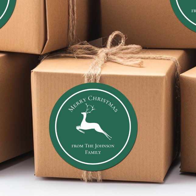 Elegant Green Merry Christmas Reindeer Custom Gift Classic Round Sticker (Creator Uploaded)