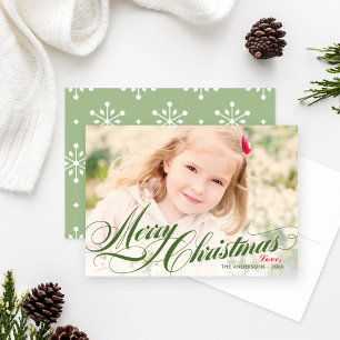 Elegant Green Merry Christmas Script Photo Holiday Card
