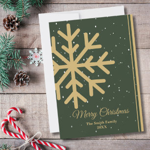 Elegant Green Merry Christmas Snowflake Flat Holiday Card