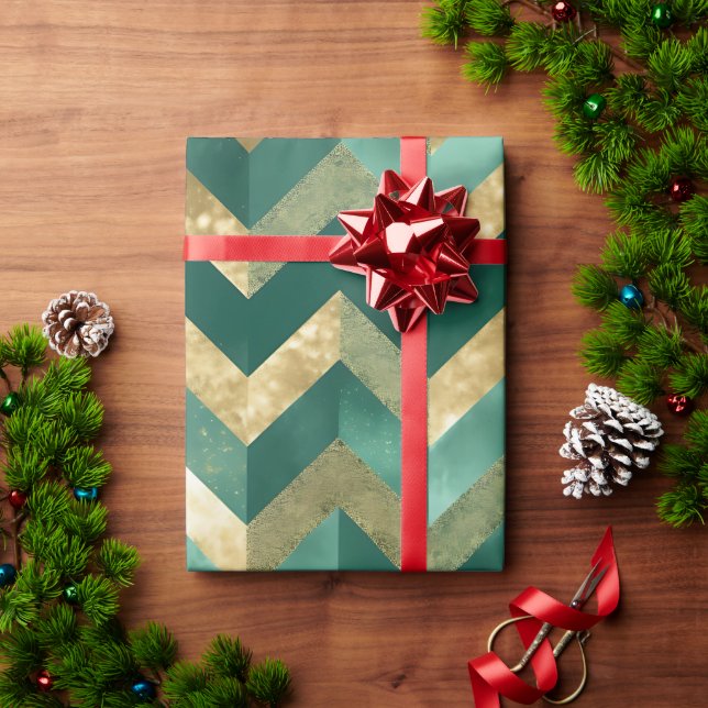 Elegant Green Metallic Gold Chevron Pattern Wrapping Paper (Holiday Gift)