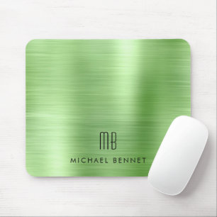 Elegant Green Metallic Monogram Name Mouse Pad