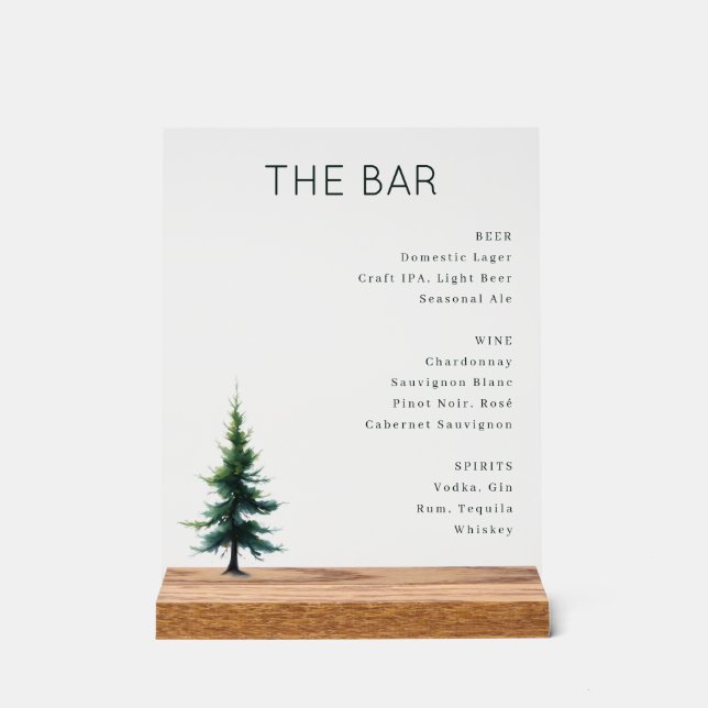 Elegant Green Minimalist Bar Menu Acrylic Sign (Front)
