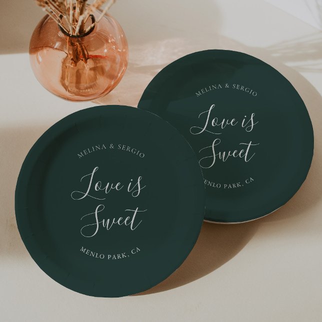 Elegant Green Minimalist Calligraphy Wedding  Paper Plate (Creator Uploaded)