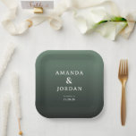 Elegant Green Minimalist Paper Plate<br><div class="desc">This elegant wedding plate features a sophisticated gradient background transitioning from soft mint to deep forest green, creating a calming and natural aesthetic. The design showcases clean, modern typography with centered names and details in a minimalist sans-serif font, emphasizing clarity and simplicity. Perfect for formal occasions, the understated elegance of...</div>