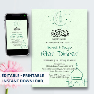 Elegant Green Mint Crescent Mosque Iftar Dinner Invitation