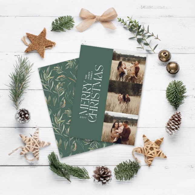 Elegant green modern minimal multi photo botanical holiday card (Creator Uploaded)