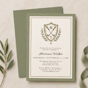 Elegant Green Monogram Crest Golf Birthday Invitation