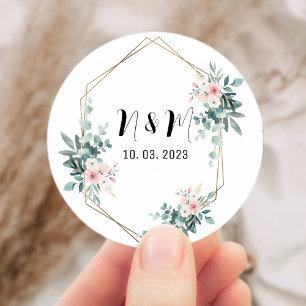 Elegant Green Monogram Eucalyptus Wedding Classic Round Sticker