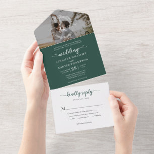 Elegant Green Monogram Photo Rsvp Wedding All In One Invitation