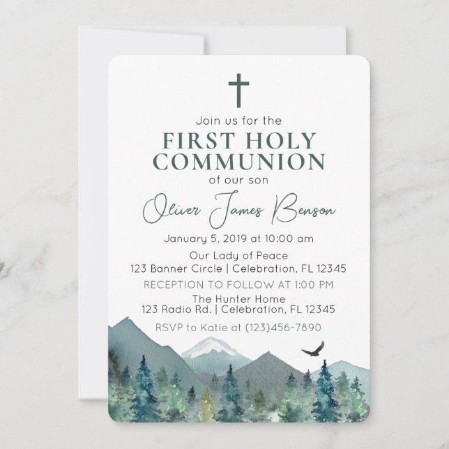 Elegant Green Mountain Boy First Holy Communion Invitation (Front)