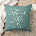 Elegant Green Mr and Mrs Script Custom Monogram Cushion<br><div class="desc">Elegant square accent pillow for happy couples and newlyweds features a white script Mr. and Mrs. design with custom monogram text that can be personalised with the married last name. The juniper teal green background colour can be customised to coordinate with your home or bedroom decor colours.</div>