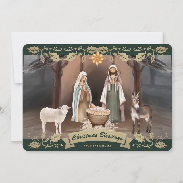 Elegant Green Nativity Scene Christian Christmas Holiday Card (Front)