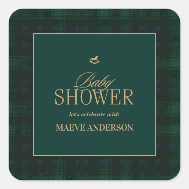 Elegant Green navy gold Plaid tartan Baby shower Square Sticker (Front)