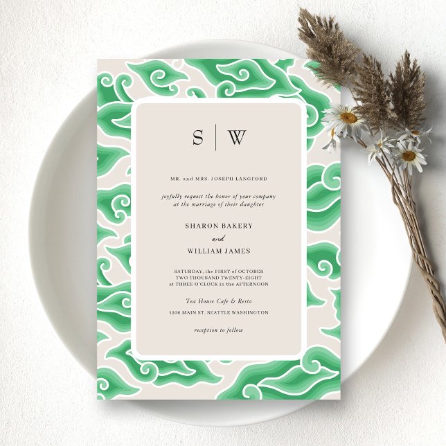 Elegant Green Ocean Waves Monogram Wedding Invitation (Personalized Timeless Elegance Classical Green Wedding Invitation)
