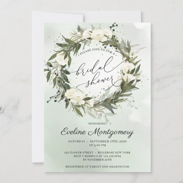 Elegant Green Olive Wreath White Roses Bridal Invitation (Front)