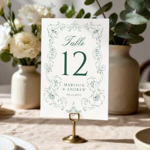 Elegant Green Ornate Floral Frame Wedding Table Number