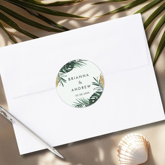 Elegant, Green Palm, Gold (Imitation) Border Classic Round Sticker (Custom, Elegant, Green Palm, Gold (Imitation) Border Classic Round Sticker with your Name & Date.)