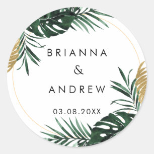 Elegant, Green Palm, Gold (Imitation) Border Classic Round Sticker