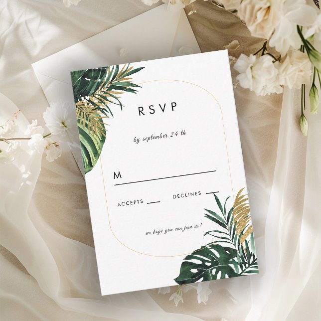 Elegant, Green Palm, Gold (Imitation) Border RSVP Card (Creator Uploaded)