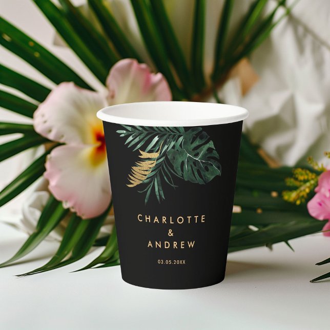  Elegant, Green Palm, Gold (Imitation)  Paper Cups (Custom, Elegant, Green Palm, Gold (Imitation) Black Wedding Paper Cups)