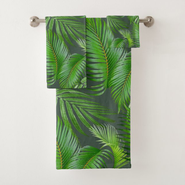 Elegant Green Palm Leaves on Forest Green Bath Towel Set (Insitu)