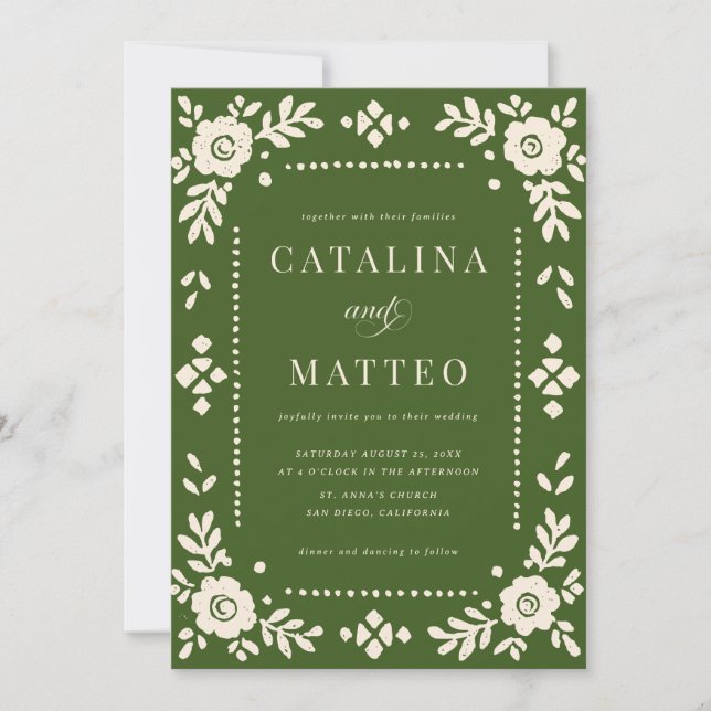 Elegant Green Papel Picado Wedding Invitation (Front)