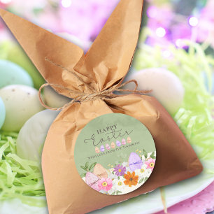 Elegant Green Pastel Wildflowers Happy Easter Classic Round Sticker