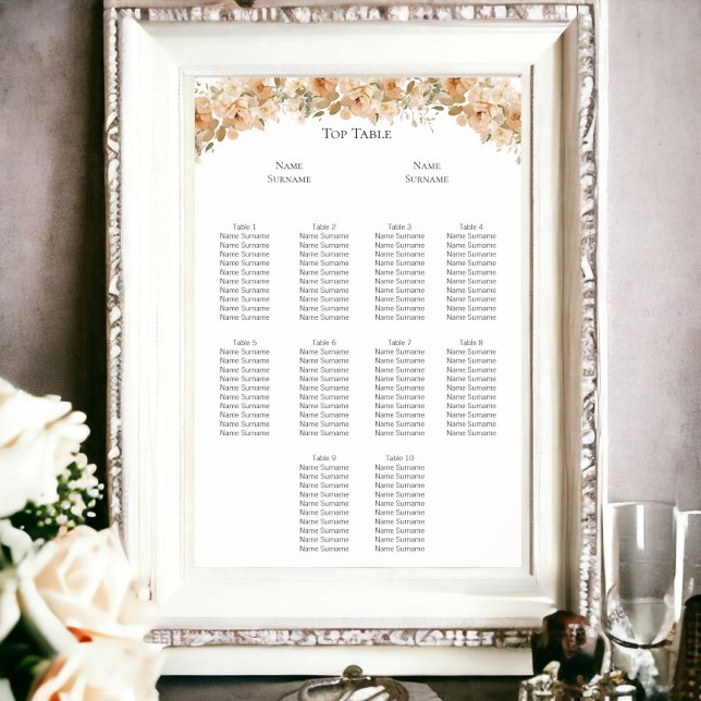 Elegant Green Peach Flower Wedding Seating Plan Poster (Elegant Green Peach Flower Wedding Seating Plan Poster from Ricaso (frame not included))