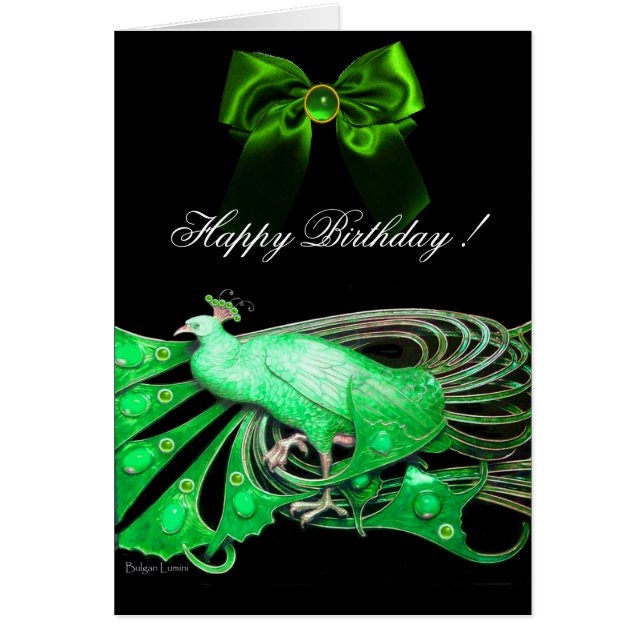 ELEGANT GREEN PEACOCK,GEM STONES AND BOW Birthday (Front)