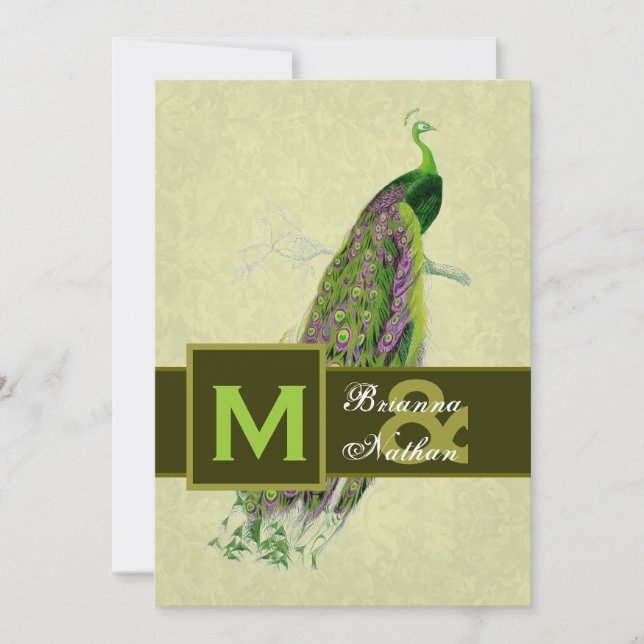 Elegant Green Peacock Metallic Wedding Invitation (Front)