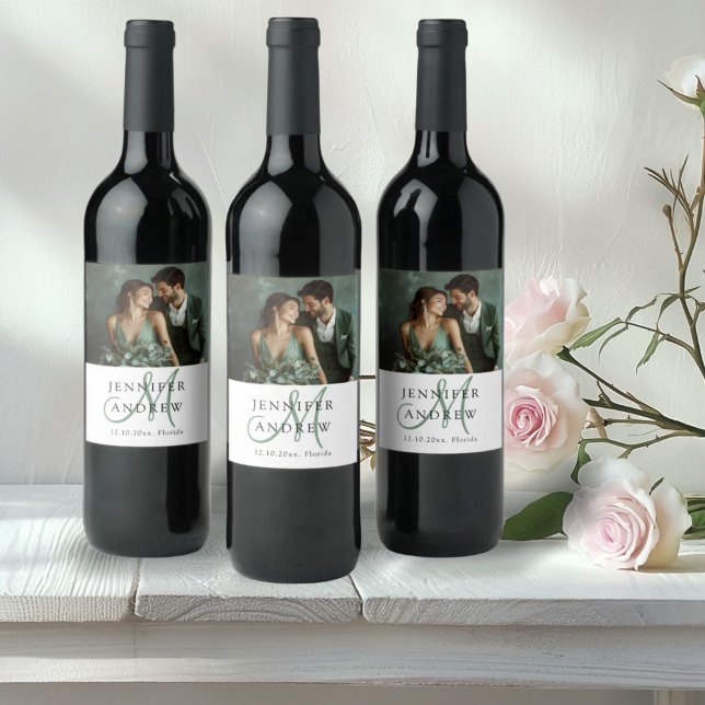 Elegant Green Photo & Monogram Wedding  Wine Label (Creator Uploaded)