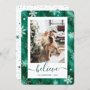 Elegant Green Photo Snowflake Holiday Card