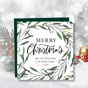 Elegant Green Pine Foliage Gold Confetti Greenery Holiday Card
