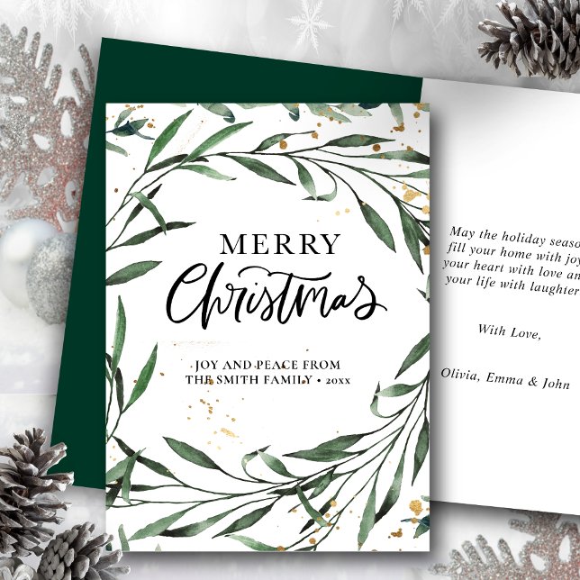 Elegant Green Pine Foliage Gold Confetti Greenery Holiday Card (Creator Uploaded)