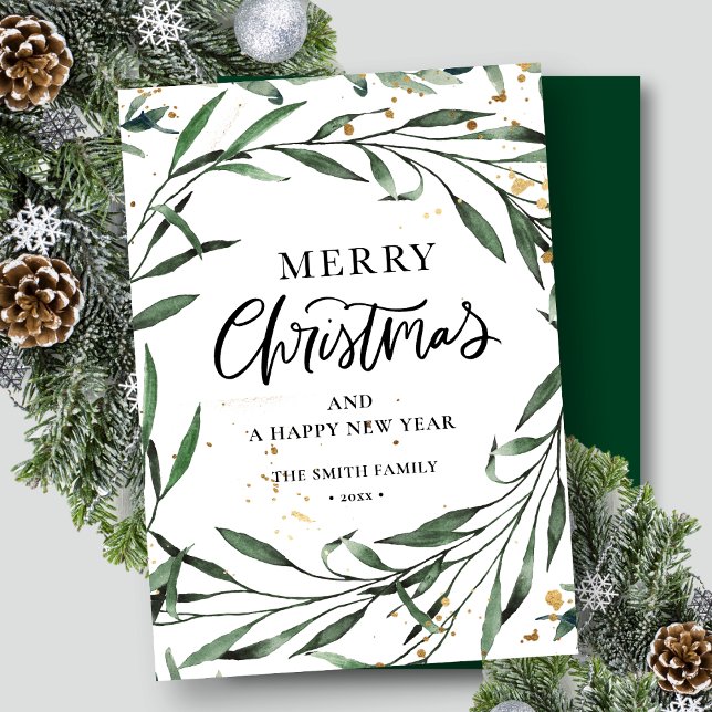 Elegant Green Pine Foliage Gold Confetti Greenery Holiday Card (Creator Uploaded)