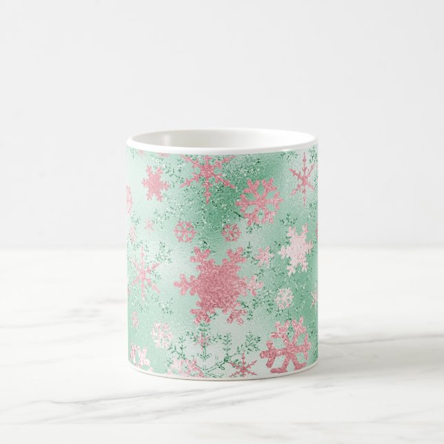 Elegant Green & Pink Christmas Snowflake Pattern Coffee Mug (Center)